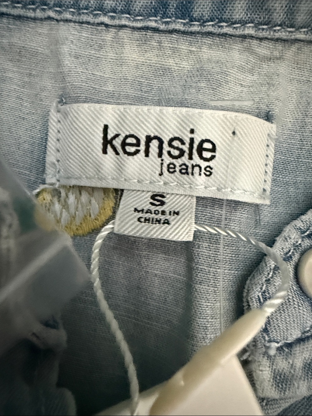 Kensie Light Blue Denim Button-Down Shirt with Yellow Pineapple Embroidery - Picture 2 of 8